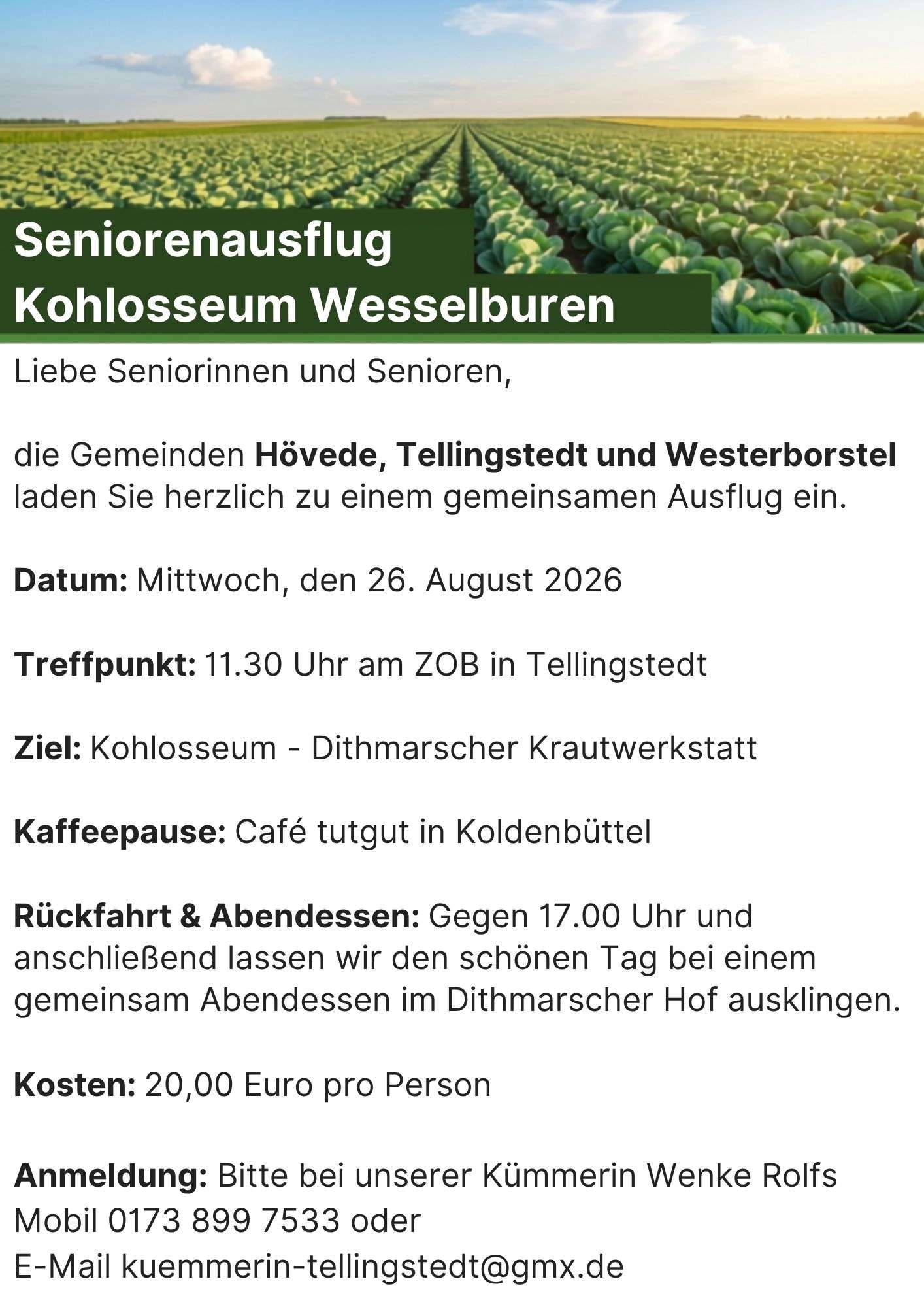 Einladung zum Seniorenausflug zum Kohlosseum in Wesselburen
