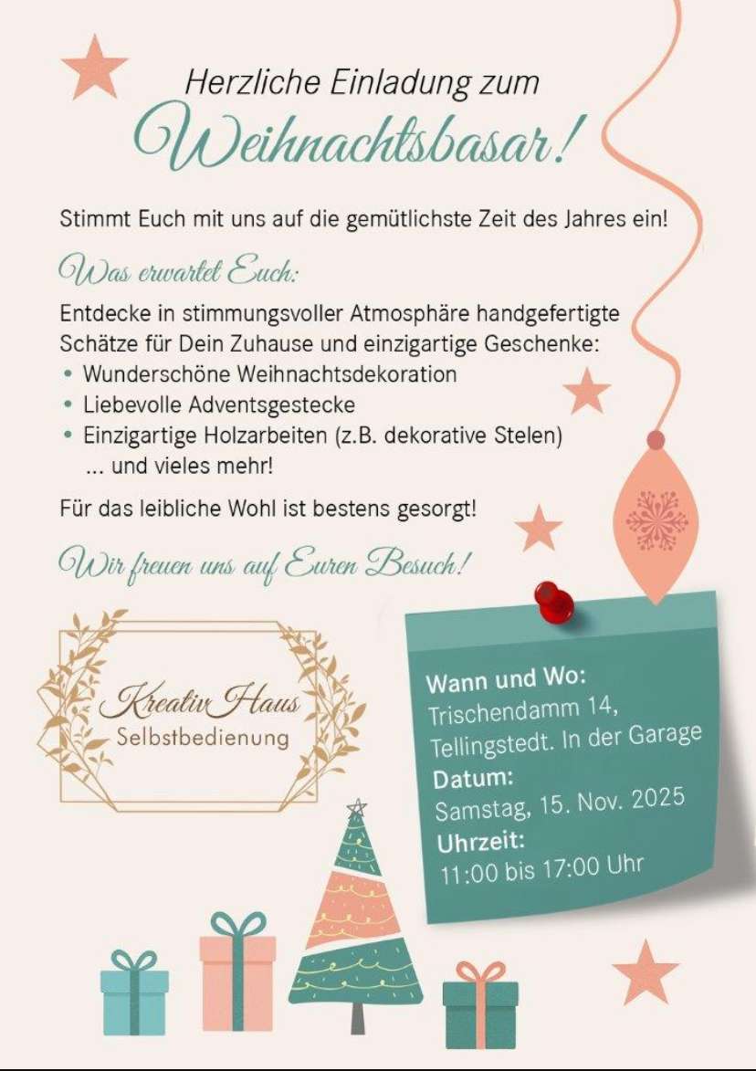 Einladung zum Weihnachtsbasar. Die Einladung ist weihnachtlich gestaltet. Mit Geschenken, Tannenbäume und Sternen.