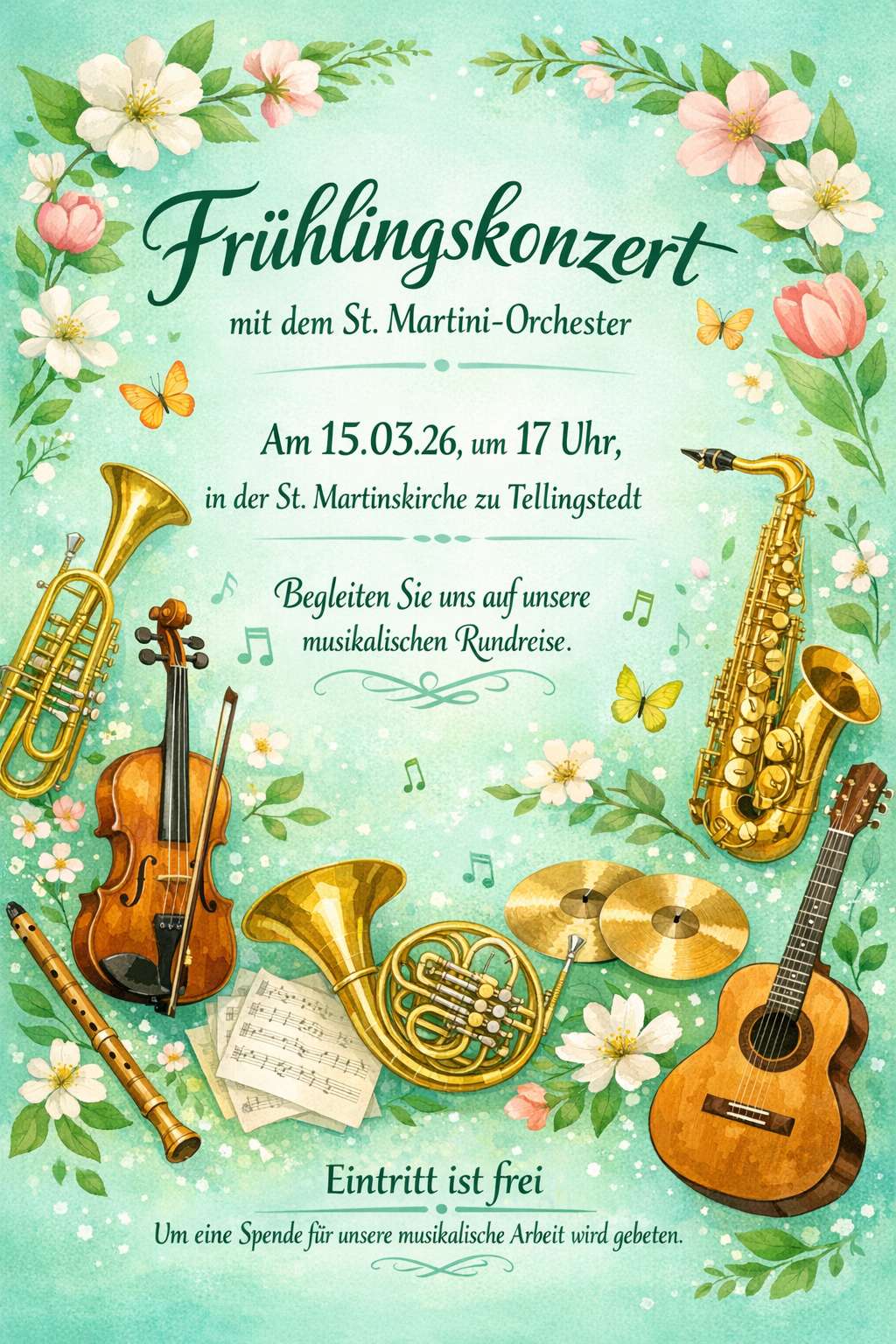 Bunte Blumen, Musikinstrumente. Eine Einladung zum Frühlingskonzert.