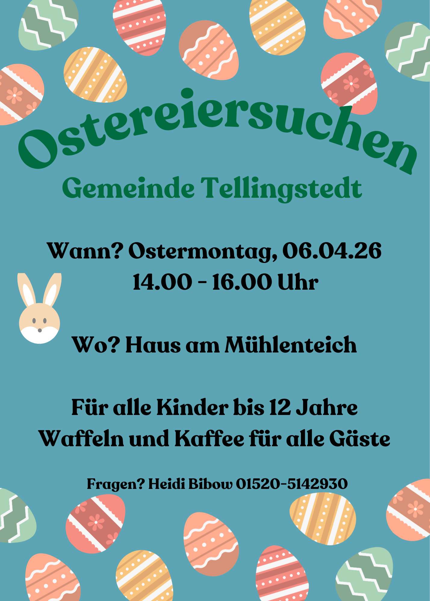 Einladung für Kinder zum Ostereiersuchen. Auf dem Bild sind Ostereier und ein Osterhase.